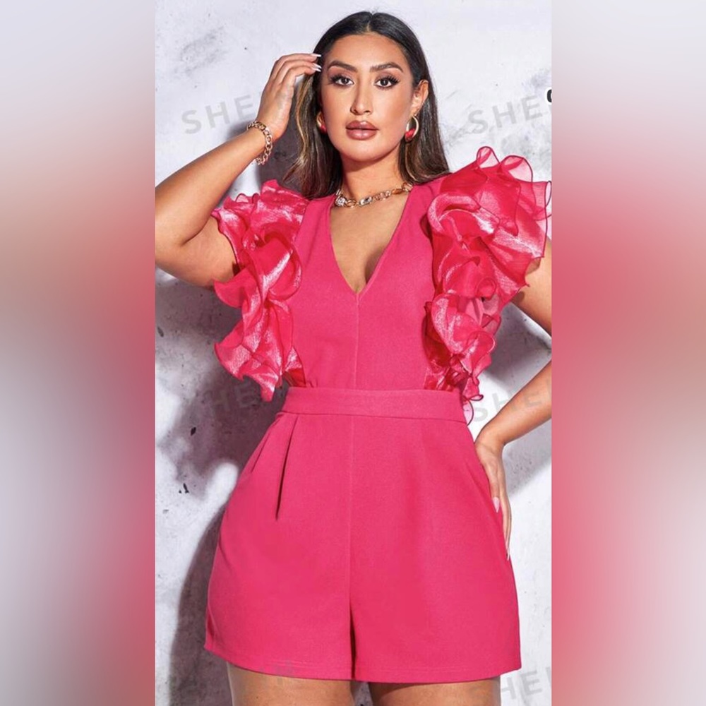 Shein Pink Ruffle Trim Romper